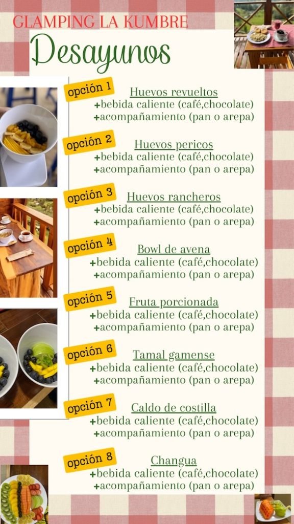 Carta desayunos Glamping La kumbre